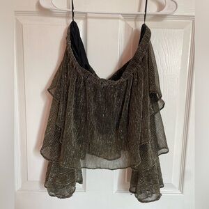 Off the shoulder black ruffled top with hints of gold and silver-size small